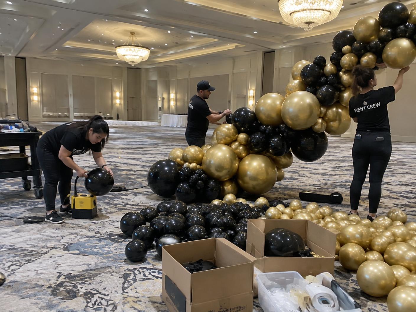 Event team assembling a large gold and black balloon garland before an event